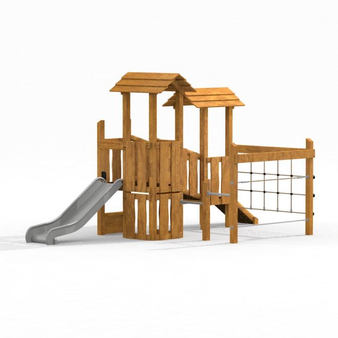Spielturm mit Klettergerüst und Rutsche aus Holz für Kinder zum Spielen im Freien