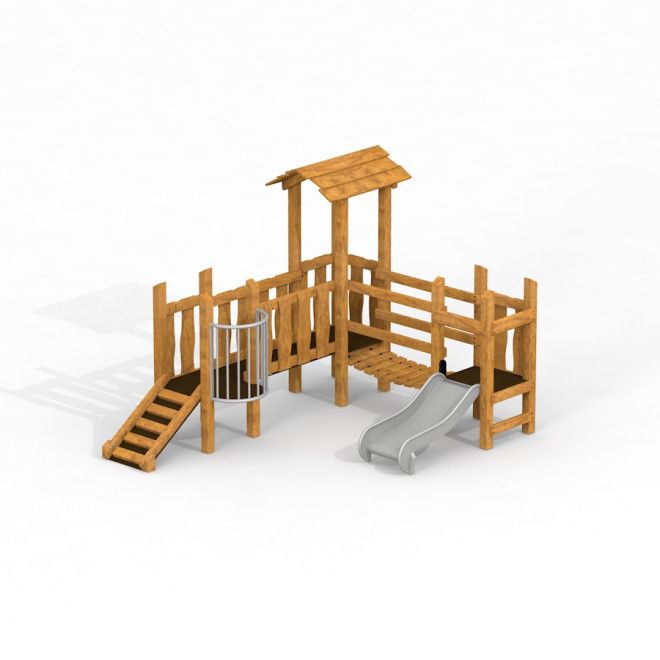 Spielhau Kastell mit Rutsche Uvala aus Holz für Spielplatz mit Treppe und Kletternetz