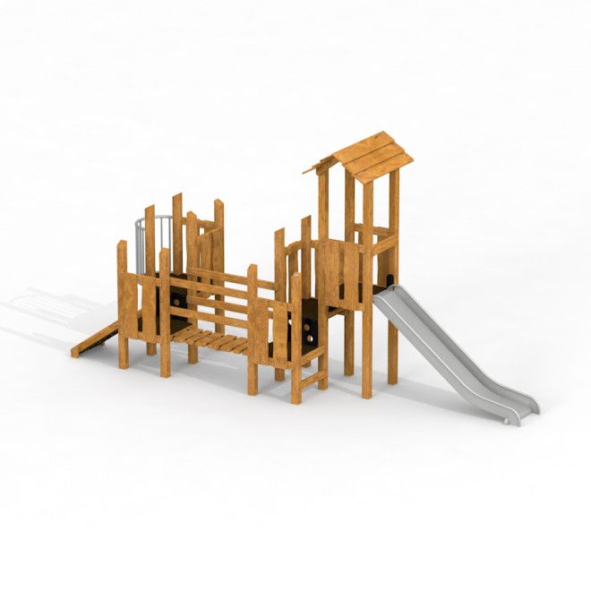 Kinderspielanlage Spieltürme mit Rutsche Uvala aus Holz mit Klettergerüst und Rutsche.