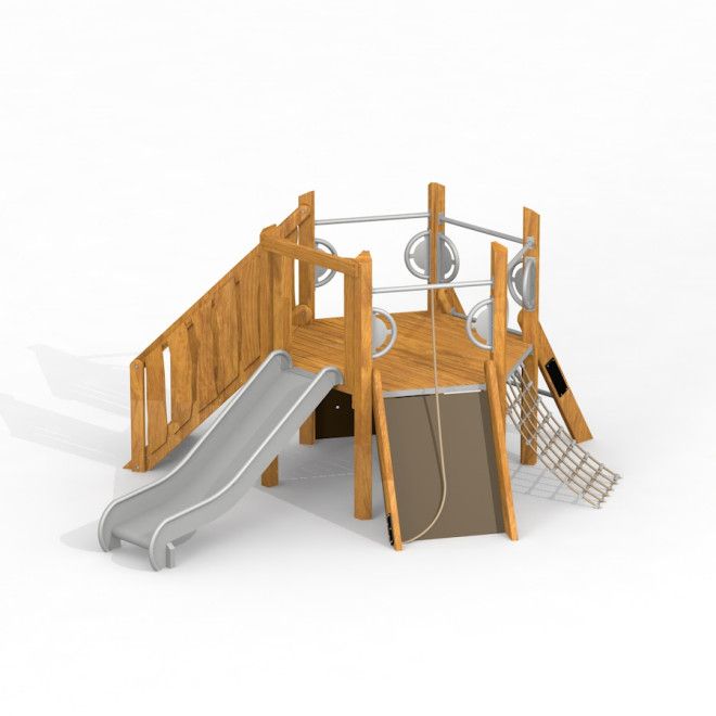 Sechseck-Spielturm mit Treppe, Rutsche und Kletterelementen aus Holz und Metall.