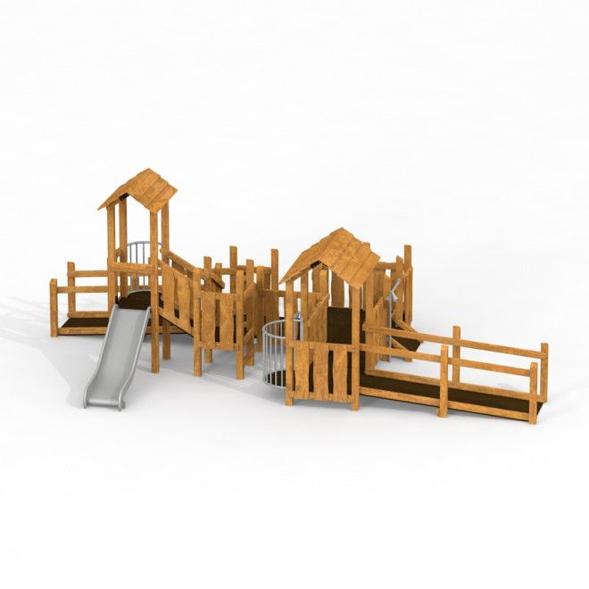 Barrierefreie Spielanlage Gamma Uvala mit Rutsche und Rampe aus Holz.