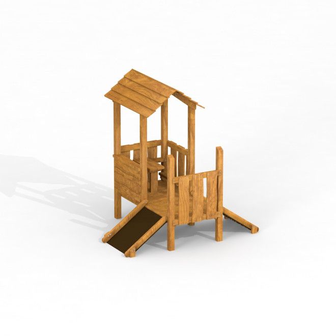 Buntes Spielhaus Uvala aus Holz mit Rampe und Dach für den Spielplatz.