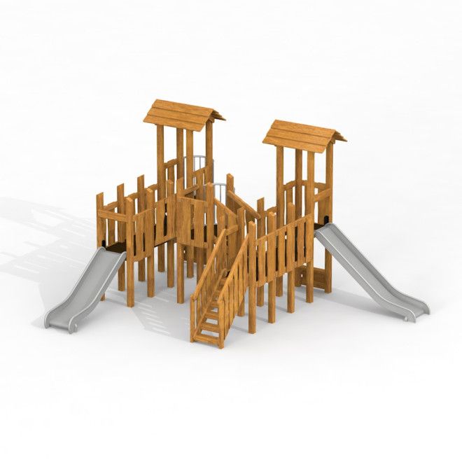 Uvala Set mit zwei Rutschen aus Holz für Spielplätze mit Treppe und Überdachung