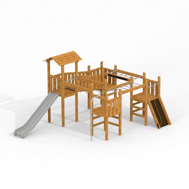 Spielanlage Herausforderung mit Rutsche Uvala aus Holz mit Kletterelementen und zwei Rutschen.