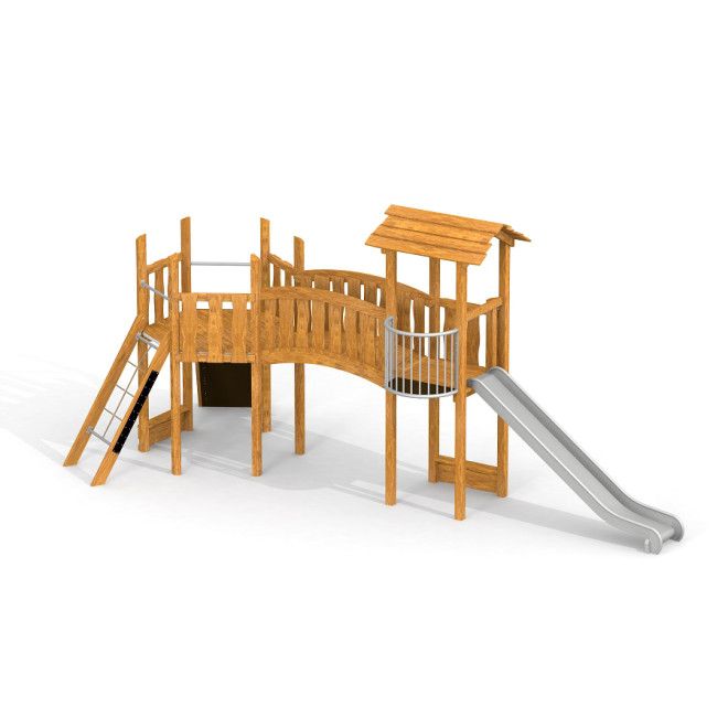 Hexaplay Uvala II Holzspielplatz mit Rutsche und Kletterleiter für den Außenbereich.
