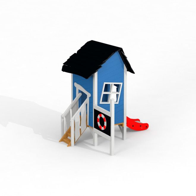 Lenas Spielhaus mit Rutsche aus Holz in Blau und Rot für den Spielplatz