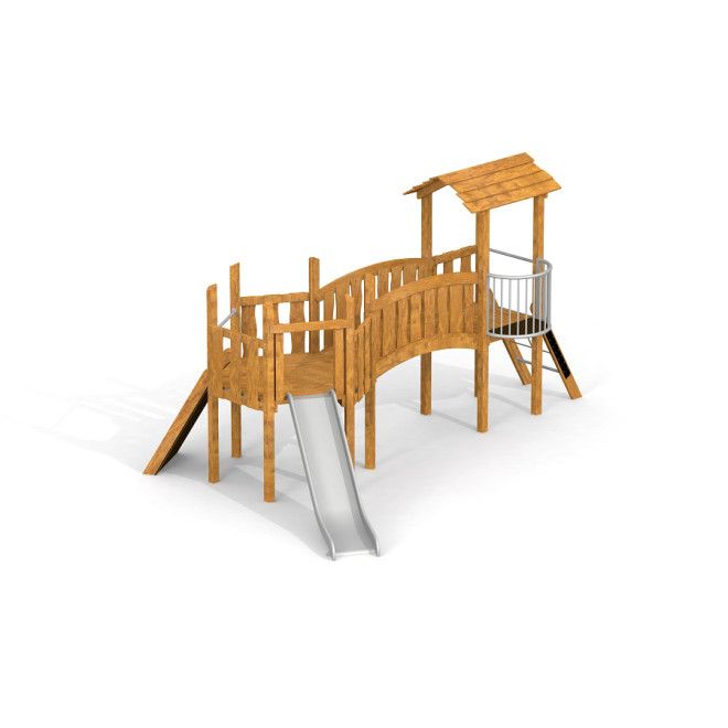 Hexaplay Uvala Spielplatzgerät aus Holz mit Rutsche und Kletterrampe