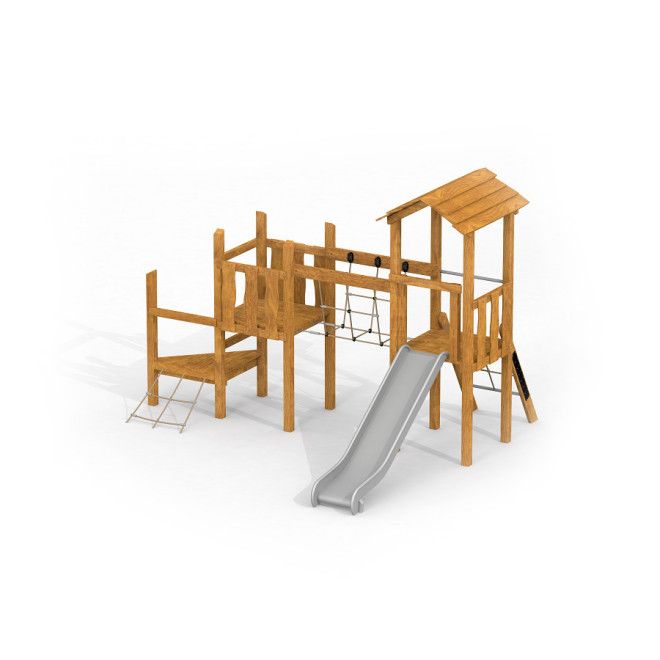Spielturm Triangle mit Rutsche Uvala aus Holz mit Kletternetzen und Dach.