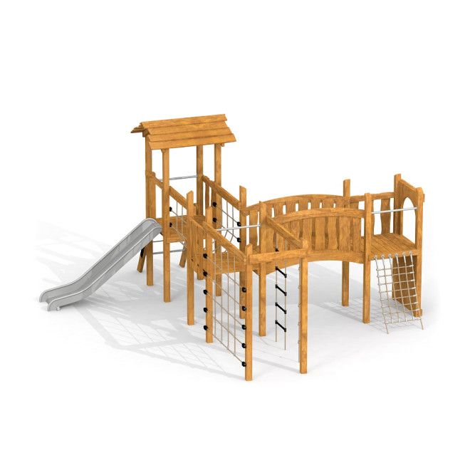 Spielanlage Eragon mit Tunnel und Rutsche aus Holz für den Kinderspielplatz.