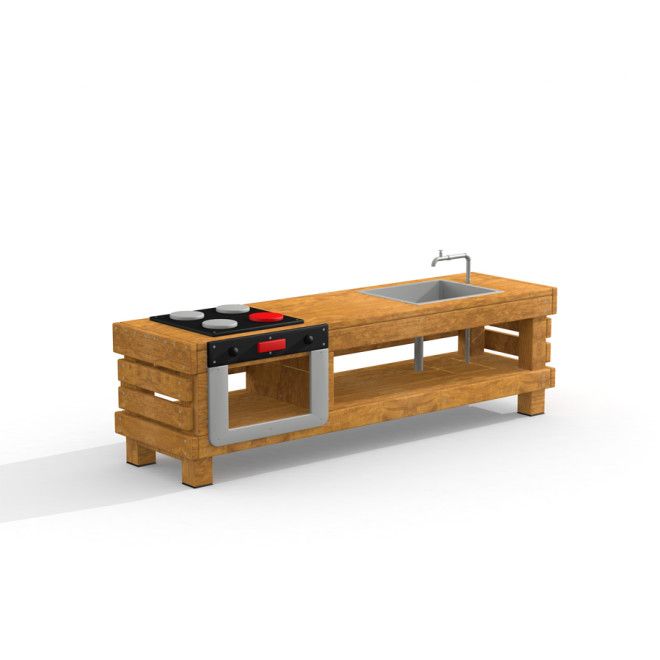 Sandspieltisch Küche Uvala aus Holz mit Spüle und Herd für Kinder.