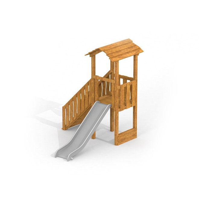Spielturm Logo mit Rutsche Uvala aus Holz mit kleiner Plattform und grauer Rutsche