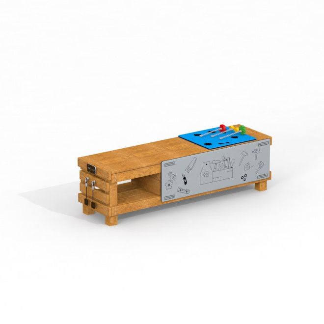 Kinder-Werkbank aus Holz mit Werkzeugen und Schrauben auf blauer Arbeitsfläche.