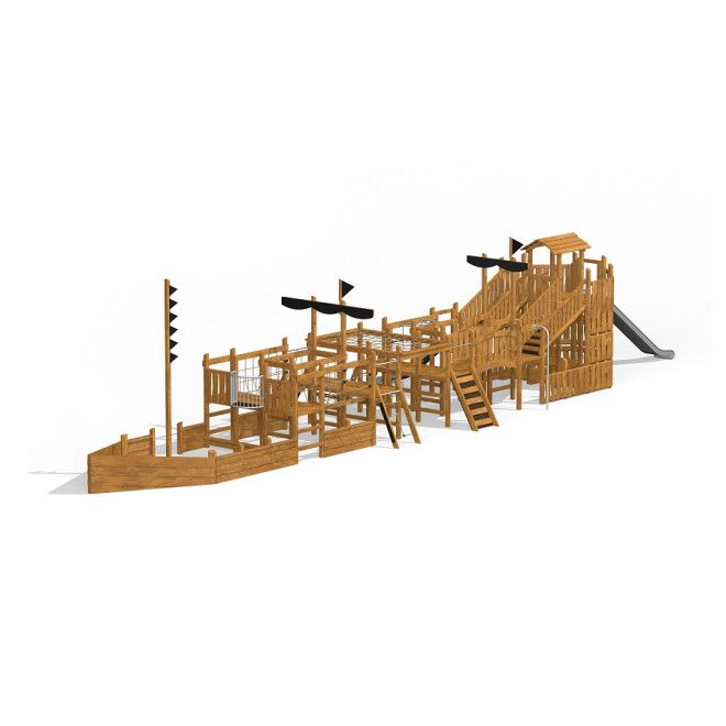 Spielschiff König mit Spiralrutsche Uvala aus Holz als großes Kletter- und Spielgerät für den Außenb
