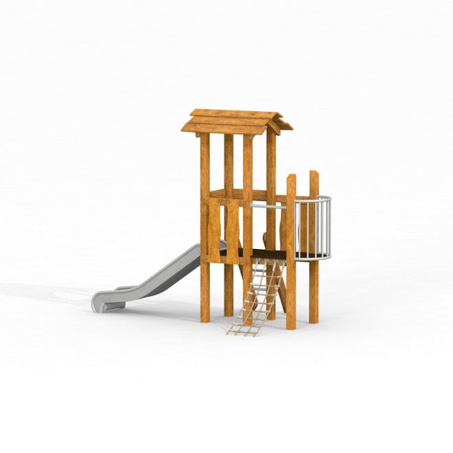 Spielturm Pixie mit Rutsche Uvala aus Holz mit kleinem Kletterseil und Plattform