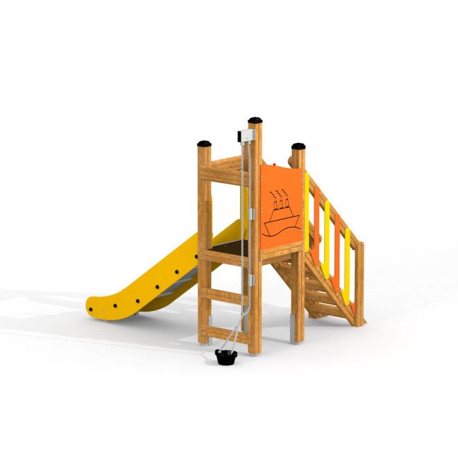 Spielturm Marlin aus Holz mit gelber Rutsche und Klettertreppe für Spielplatzgestaltung.