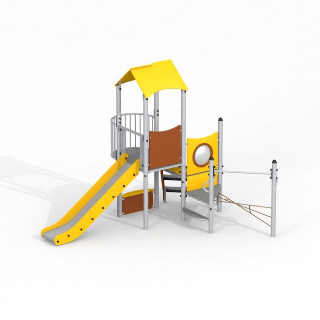 Observatorium mit Rutsche aus Metall und Kunststoff in Gelb und Braun für den Spielplatz.