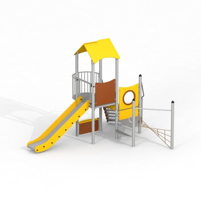 Kinderspielplatz Observatorium mit Rutsche II mit gelber Rutsche und Kletterseilen.
