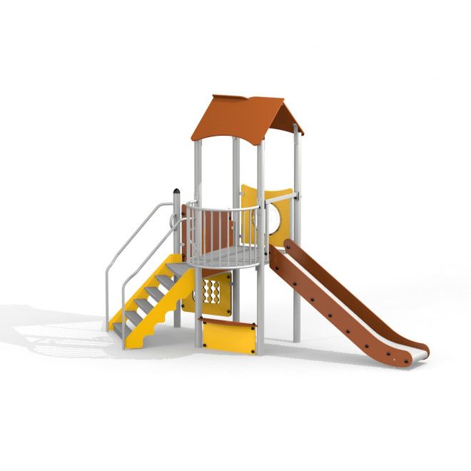 Aussichtspunkt mit Rutsche II Kinderspielplatz Klettergerüst mit Treppe und brauner Rutsche