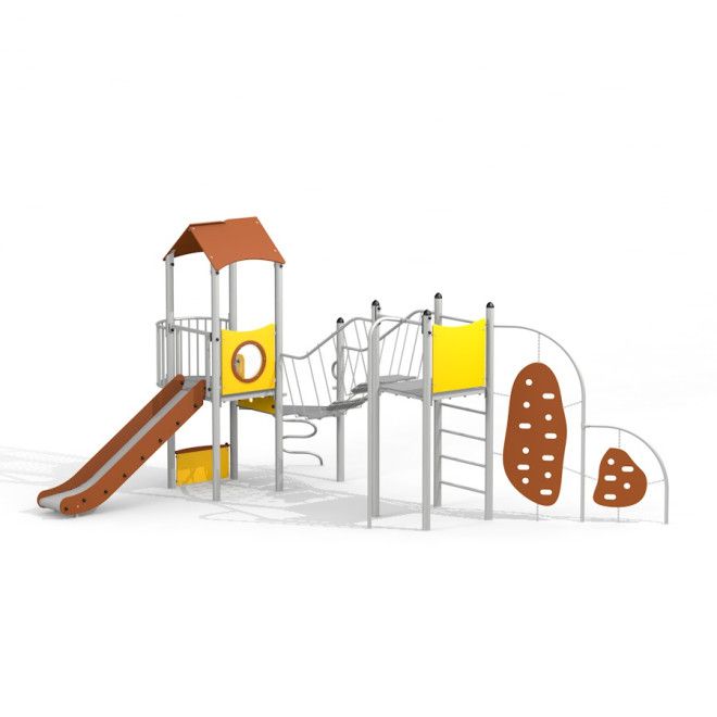 Spielanlage Köln mit Rutsche, Kletterwand und Brücke für den Spielplatz.