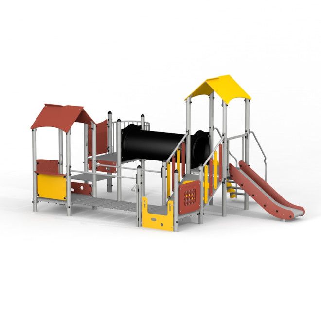 Spielplatzgerät Festung mit Rutsche II mit Rutsche und Kletterelementen in Gelb und Rot.