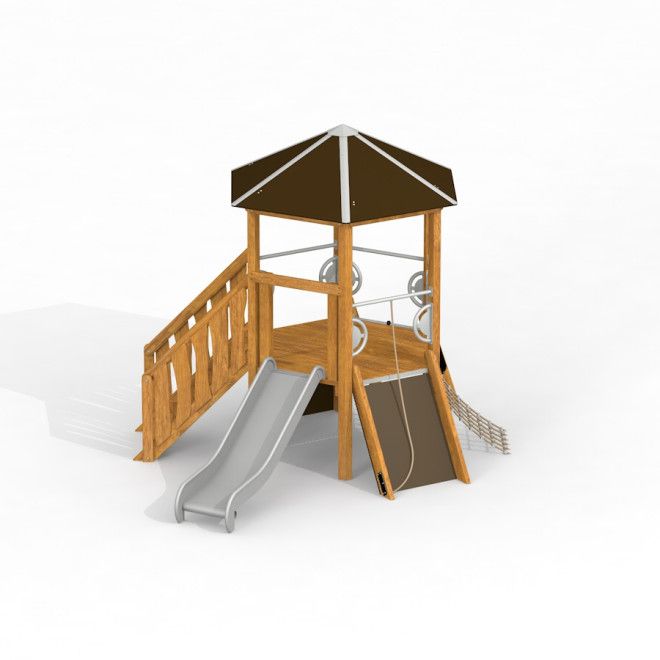 Sechseck mit Treppe und Rutsche Holzspielhaus mit Kletterelementen und Dach.