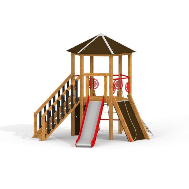 Sechseckiges Holzspielhaus mit Treppe und Rutsche H120 aus langlebigem Holz für den Außenbereich.