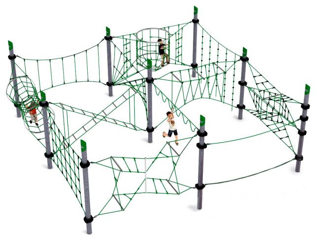 Klettergerüst Chinook mit grünen Seilen und grauen Pfosten für den Spielplatz