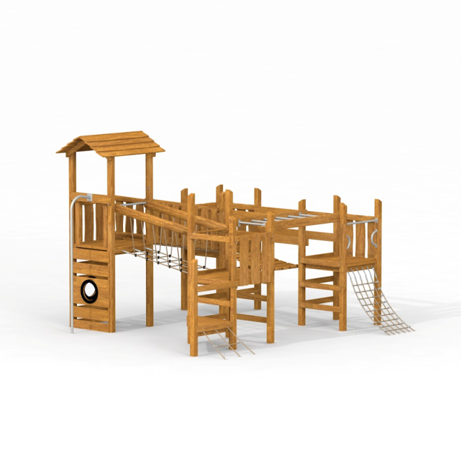 Herausforderung Spielturm II Uvala aus Holz mit Kletterelementen und Rutsche für den Spielplatz.
