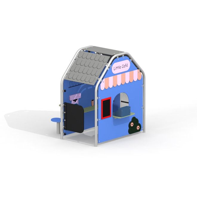 Kinderspielhaus Kaffeehaus in Blau mit Theke und Sitzgelegenheit für den Außenbereich.