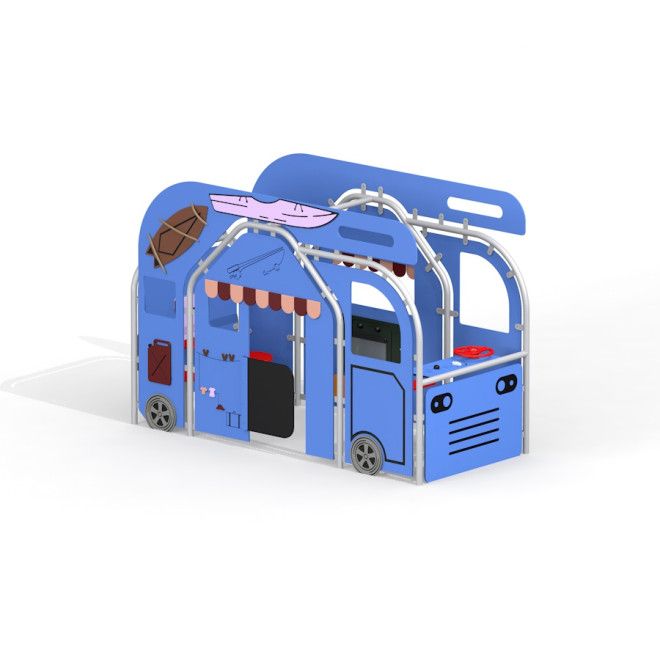 Blaues Wohnmobil-Spielgerüst mit Metallrahmen und verschiedenen Spiel-Elementen für Kinder.