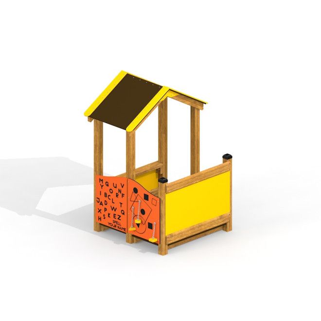 Kinderspielhaus Bravo II mit Holzrahmen, gelbem Dach und interaktiver Spielwand.