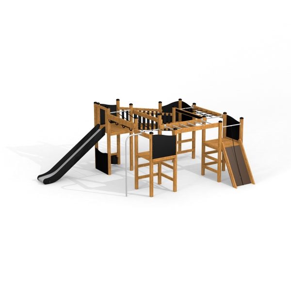 Bonn Spielanlage mit Rutsche und Kletterturm in natürlicher Holzoptik für Kinder.