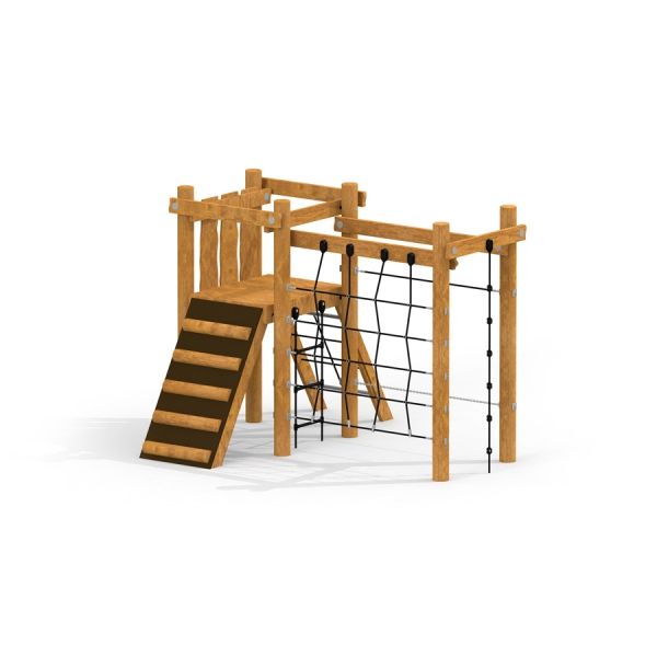 Holz-Spielgerät Serengeti Klettergerüst mit Rutschbahn und Kletternetz für Kinder.