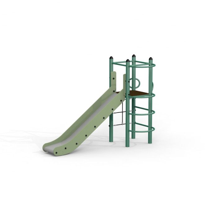 Spielturm Junior mit Rutsche und Kletterelement aus grünem Metall für den Spielplatz.