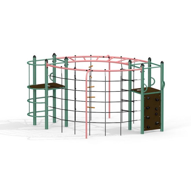 Kleiner Wal Klettergerüst mit Kletterwand, Seilnetz und Plattformen für den Spielplatz.