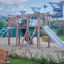 Holzspielplatz Alstad Spielkombination mit Rutsche und Schaukeln auf einem Sandplatz.