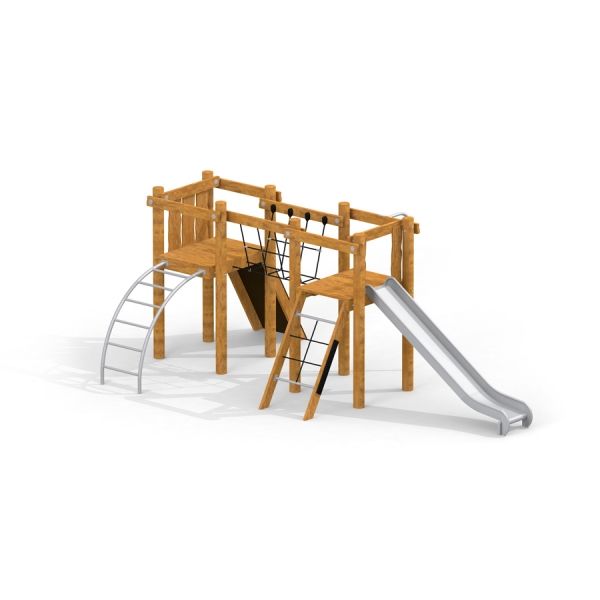 Holzspielgerät Alstad Spielkombination mit Rutsche, Kletterwand und Schaukeln für Kinder.
