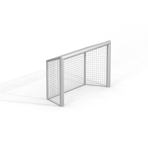 Metallisches Fußballtor auf weißem Hintergrund.