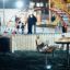 Outdoor-Sitzbank und Tisch aus Lärchenholz mit verzinktem Stahlgestell in einem öffentlichen Park be