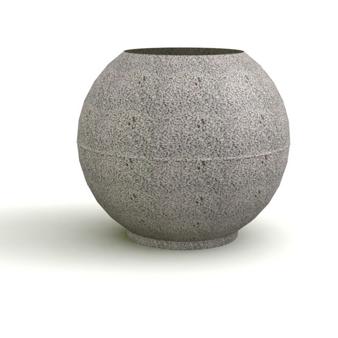 Grauer Blumentopf Globe in kugelformigem Design auf weißem Hintergrund.