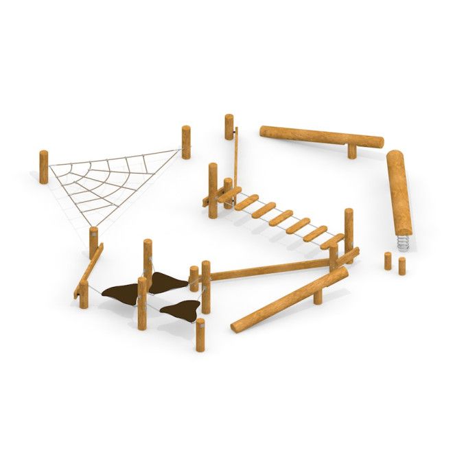 Gobi Trimm-dich-Pfad mit Balancierbalken, Netz und Kletterelementen aus Holz für den Spielplatz.