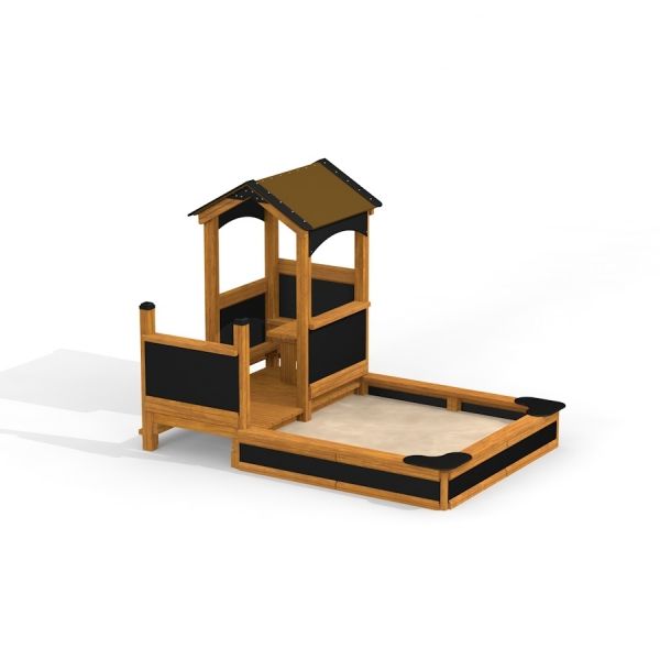 Holzspielhaus Villa mit integriertem Sandkasten für Kinder.