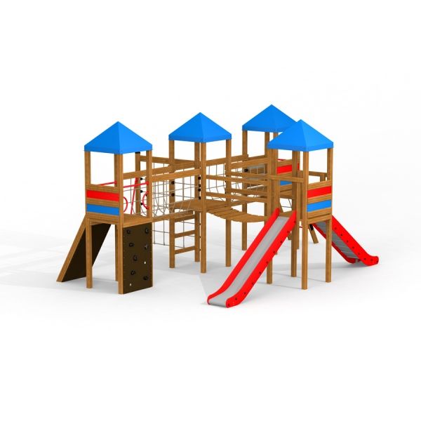Sphinx Spieltürme mit Rutschen und Kletterwänden für Kinder, mehrfarbig mit blauen Dächern.