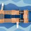 Bounty Spielschiff mit Tunnel und Rutsche auf einem blau gestalteten Untergrund, der Wasser darstell