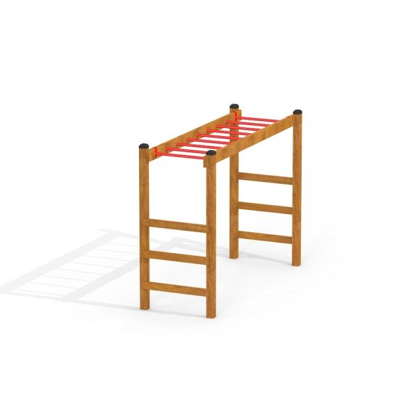 Horizontale Leiter aus Holz mit roten Sprossen für Kinder.