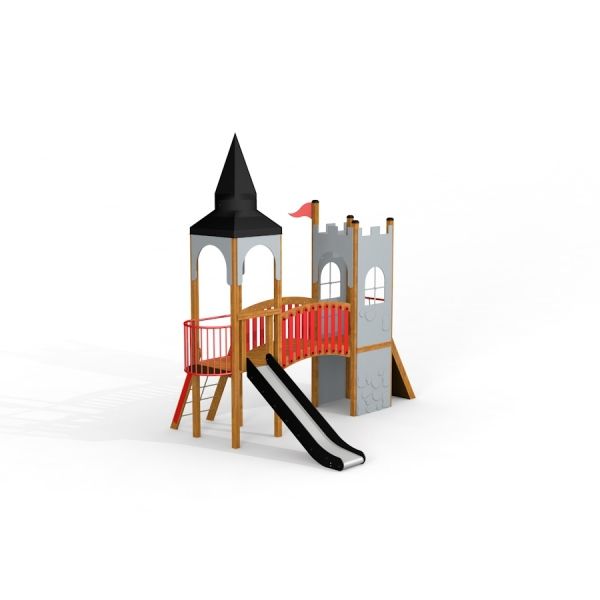Kleine Schloßbrücke Spielturm mit Rutsche und Holzturm in Schlossform