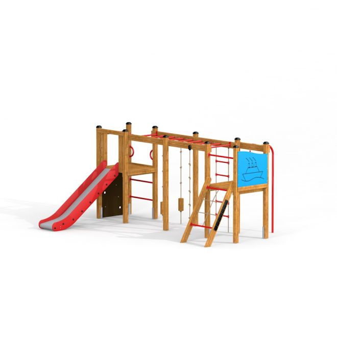 Holz-Spielgerät Zebra Klettergerüst mit Rutsche für Kinder, mit roter Rutsche und Kletternetz.