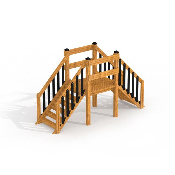 Holzbrücke für Spielplätze Brücke II mit Geländer und stufenförmigem Aufbau.