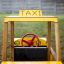 Kinder-Taxi-Spielhaus im Garten mit gelbem Lenkrad und Taxi-Schild.