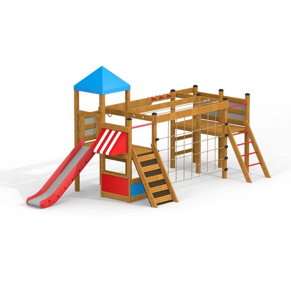 Holz-Spielkombination mit Kletterturm, Rutsche und Seilnetz für Kinder.